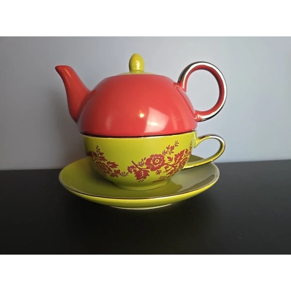 Teapot For One with‎ Tea Cup and Saucer Red Green Flowers